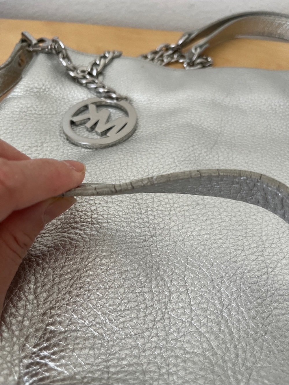 Michael Kors Silver Pebbled Leather Chain-Handle Tote - Picture 3 of 7